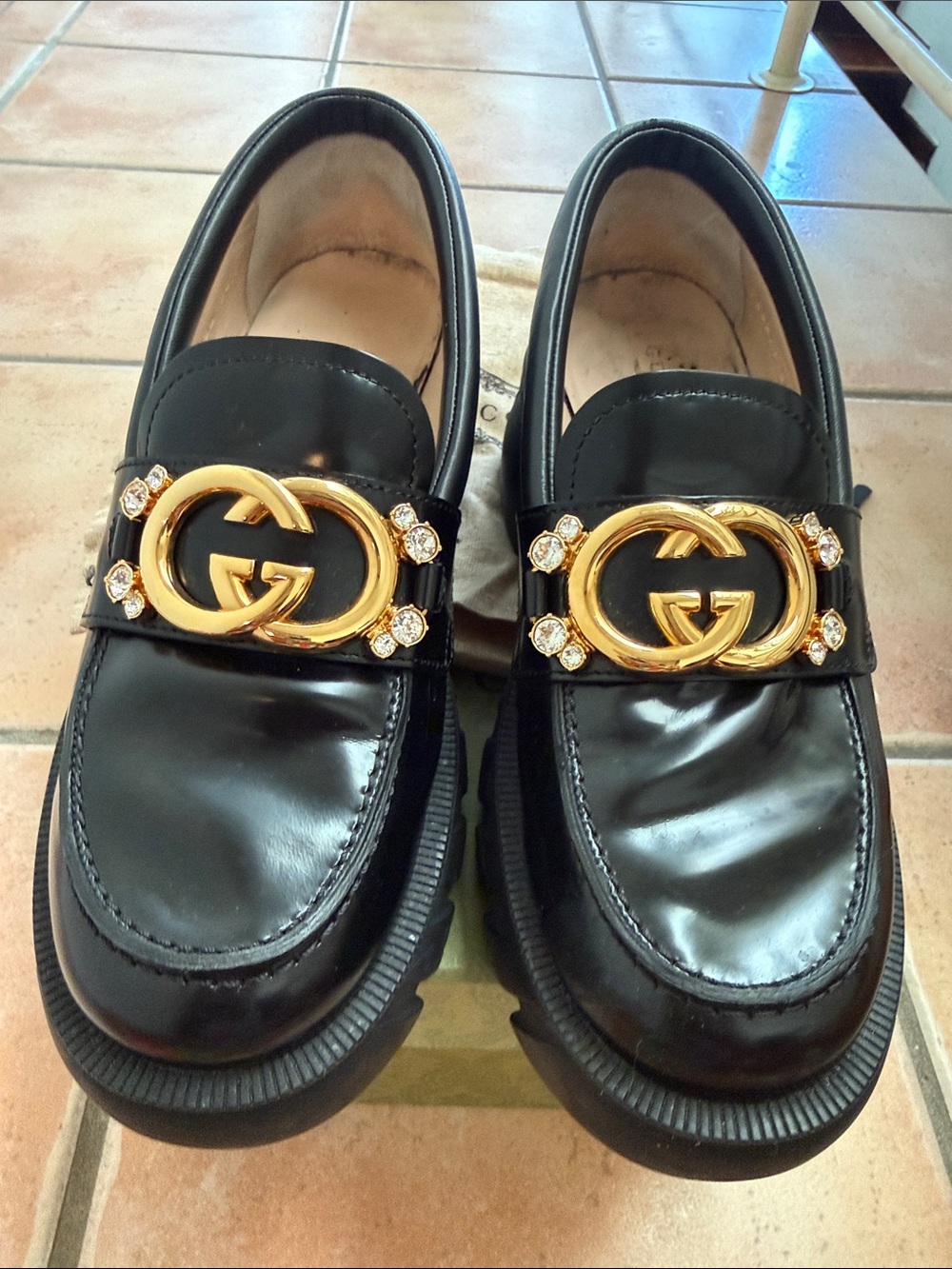 Gucci Kids Black Patent Leather Loafers with Gold GG and Crystal Accents